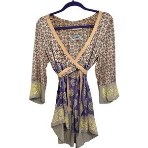 Odd Molly Purple and Yellow Floral Wrap Blouse
